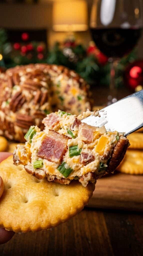 A close-up of a cheese knife spreading creamy, bacon-flecked cheese from a pecan-coated cheese ball onto a cracker.