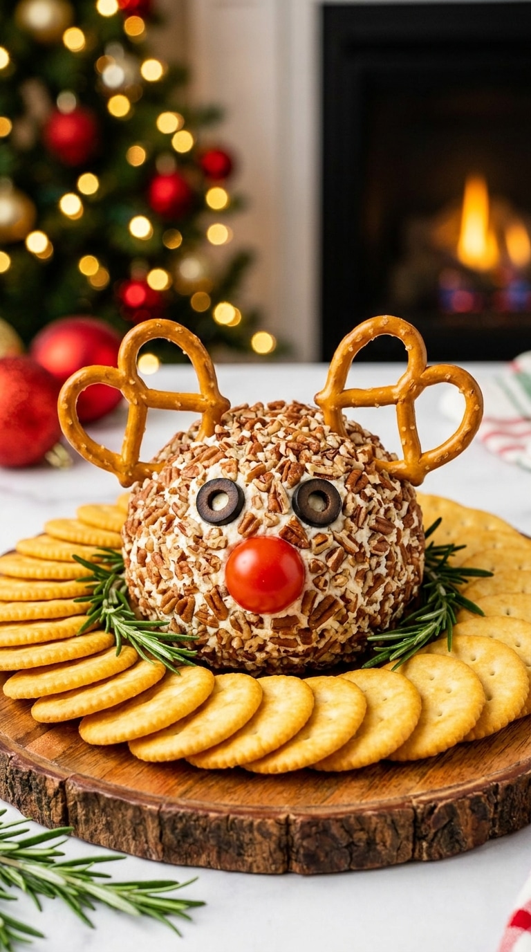 A cheese ball coated in pecans and decorated to look like a reindeer with pretzel antlers and a tomato nose, surrounded by crackers on a wooden platter.