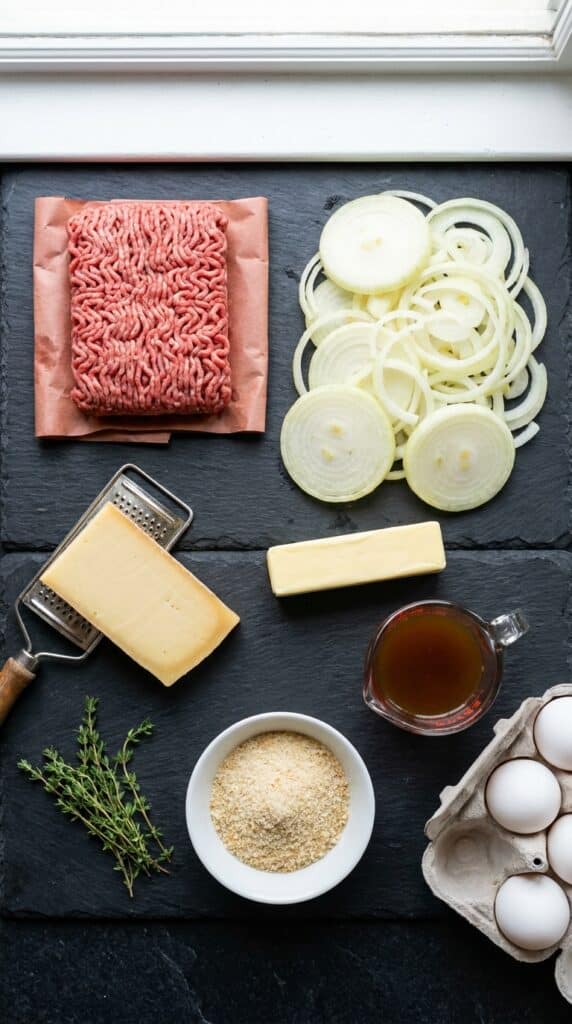 A flat lay showing ground beef, sliced yellow onions, a Gruyère cheese wedge, butter, beef broth, eggs, and breadcrumbs on a dark slate board.
