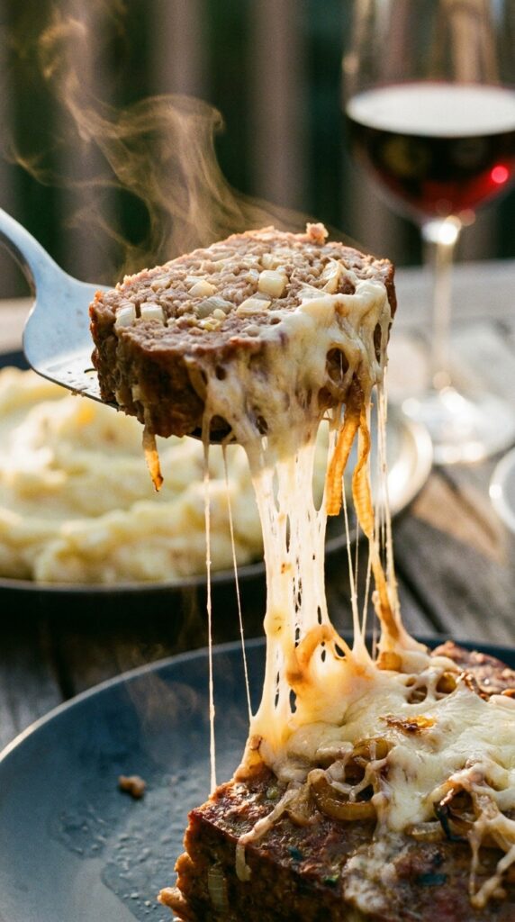A close-up of a spatula lifting a thick slice of meatloaf, showing a long string of melted cheese and a juicy interior with mashed potatoes in the background.