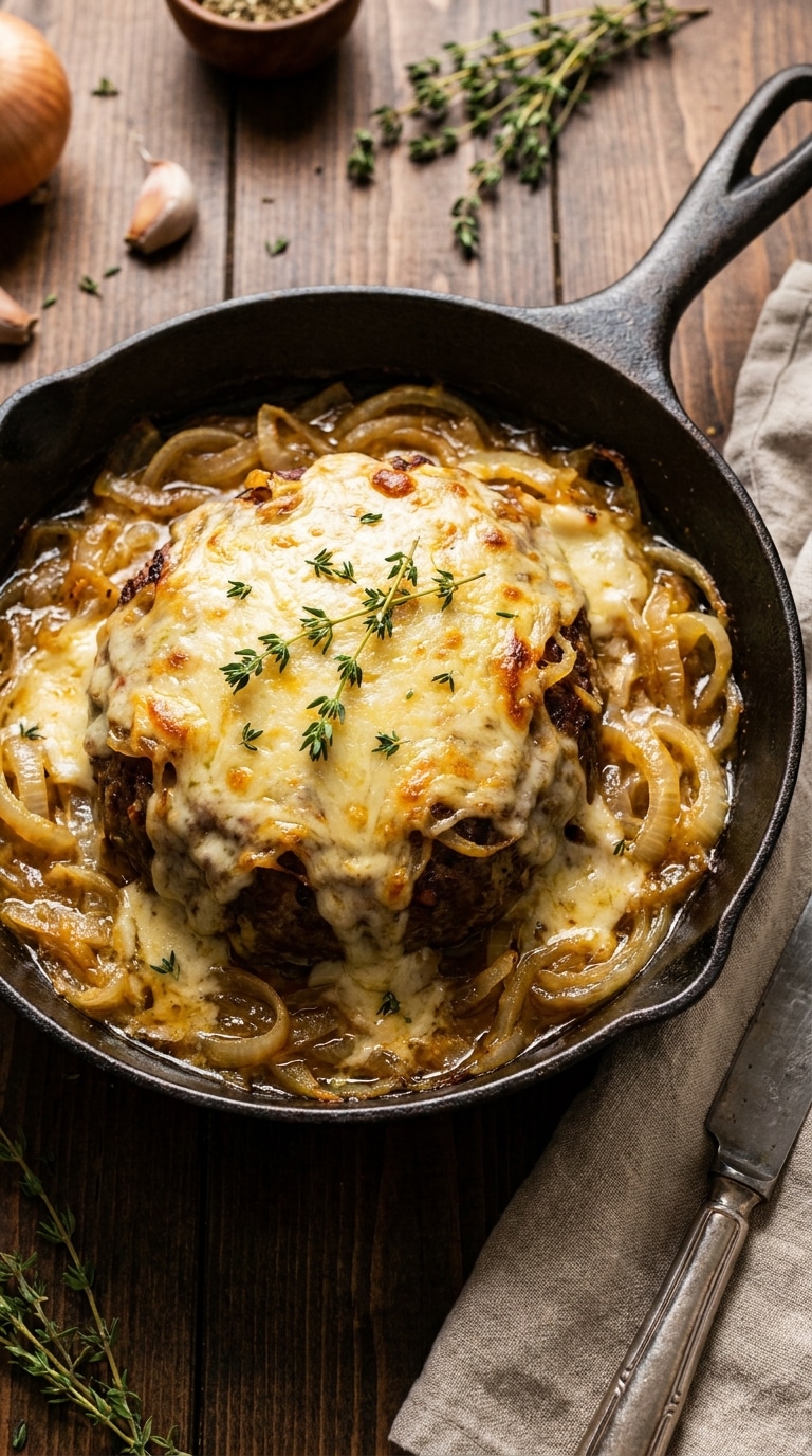 A whole baked meatloaf in a cast iron skillet topped with caramelized onions and a thick layer of melted, bubbly Gruyère cheese.