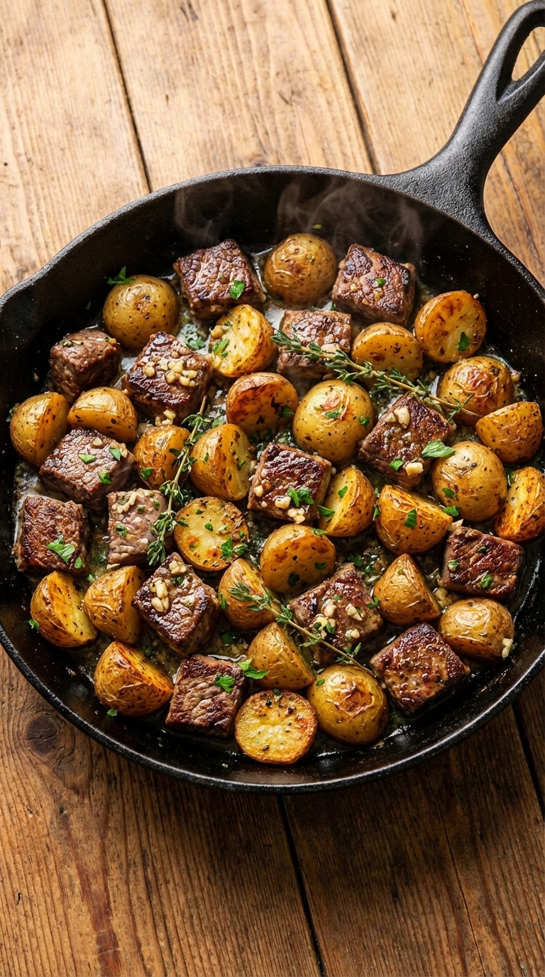 A cast-iron skillet filled with seared steak bites, golden potatoes, and herbs coated in garlic butter sauce.