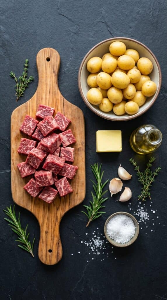 A flat lay showing raw cubed steak, baby yellow potatoes, butter, garlic cloves, fresh rosemary, thyme, and olive oil on a dark slate board.