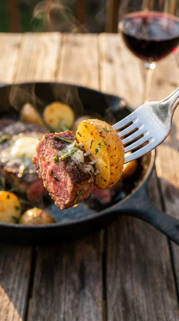 A close-up of a fork holding a juicy seared steak bite and a crispy potato coated in garlic butter, with a skillet and wine in the background.