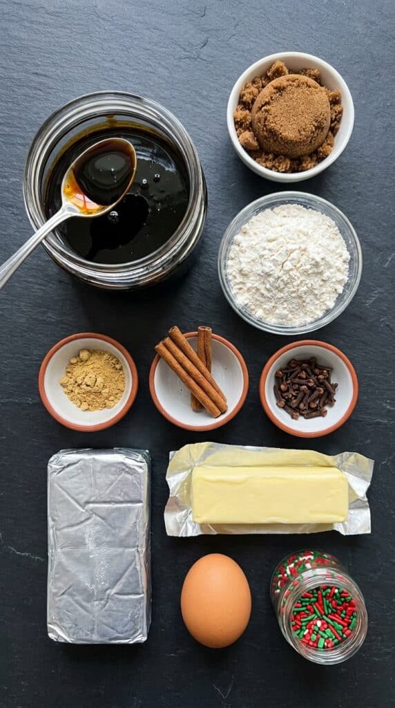 A flat lay showing molasses, brown sugar, flour, baking spices, cream cheese, butter, and sprinkles on a dark slate board.