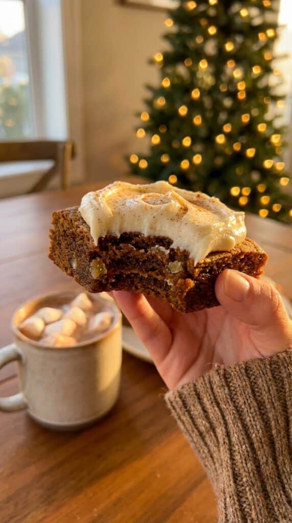 A close-up of a hand holding a frosted gingerbread bar with a bite taken out, showing the chewy texture, with a Christmas tree in the background.