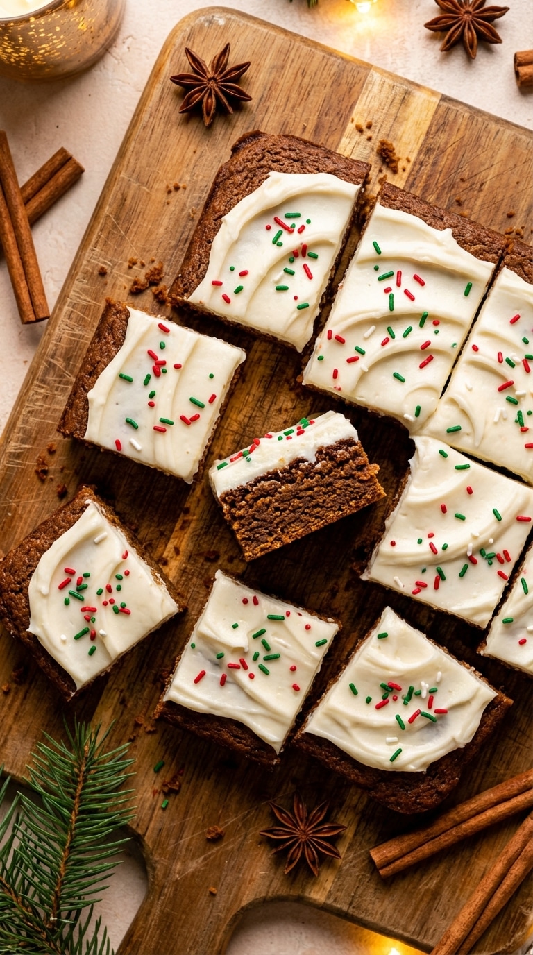 A wooden board filled with square gingerbread cookie bars topped with cream cheese frosting and holiday sprinkles, surrounded by winter spices.