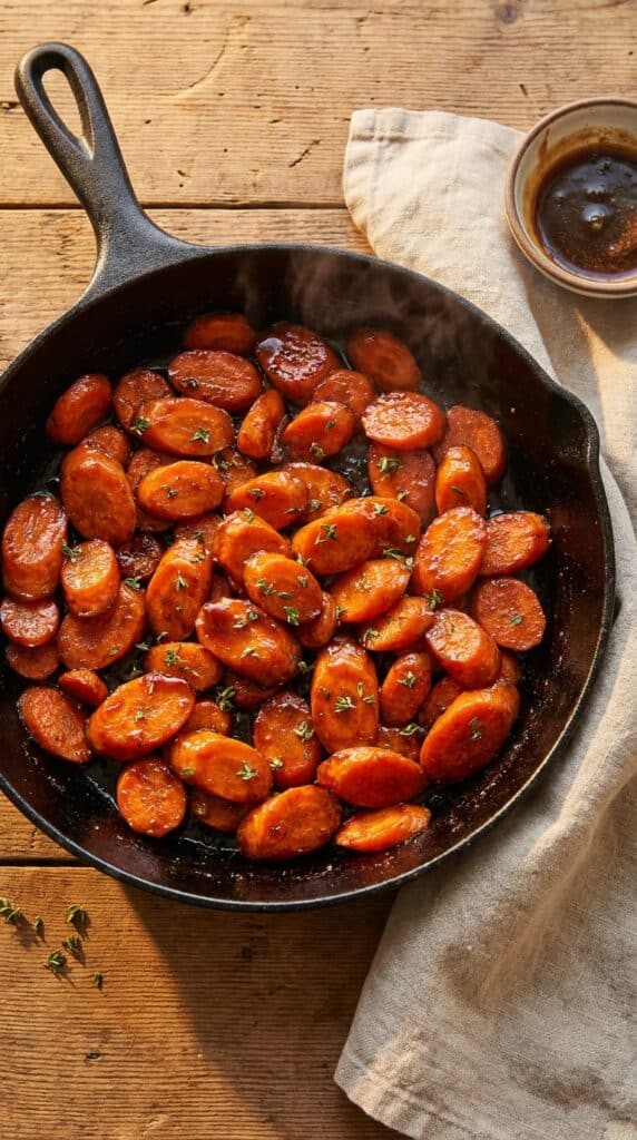 A close-up of a serving spoon lifting thick, glossy glazed carrots from a white bowl, with a sticky syrup dripping down.