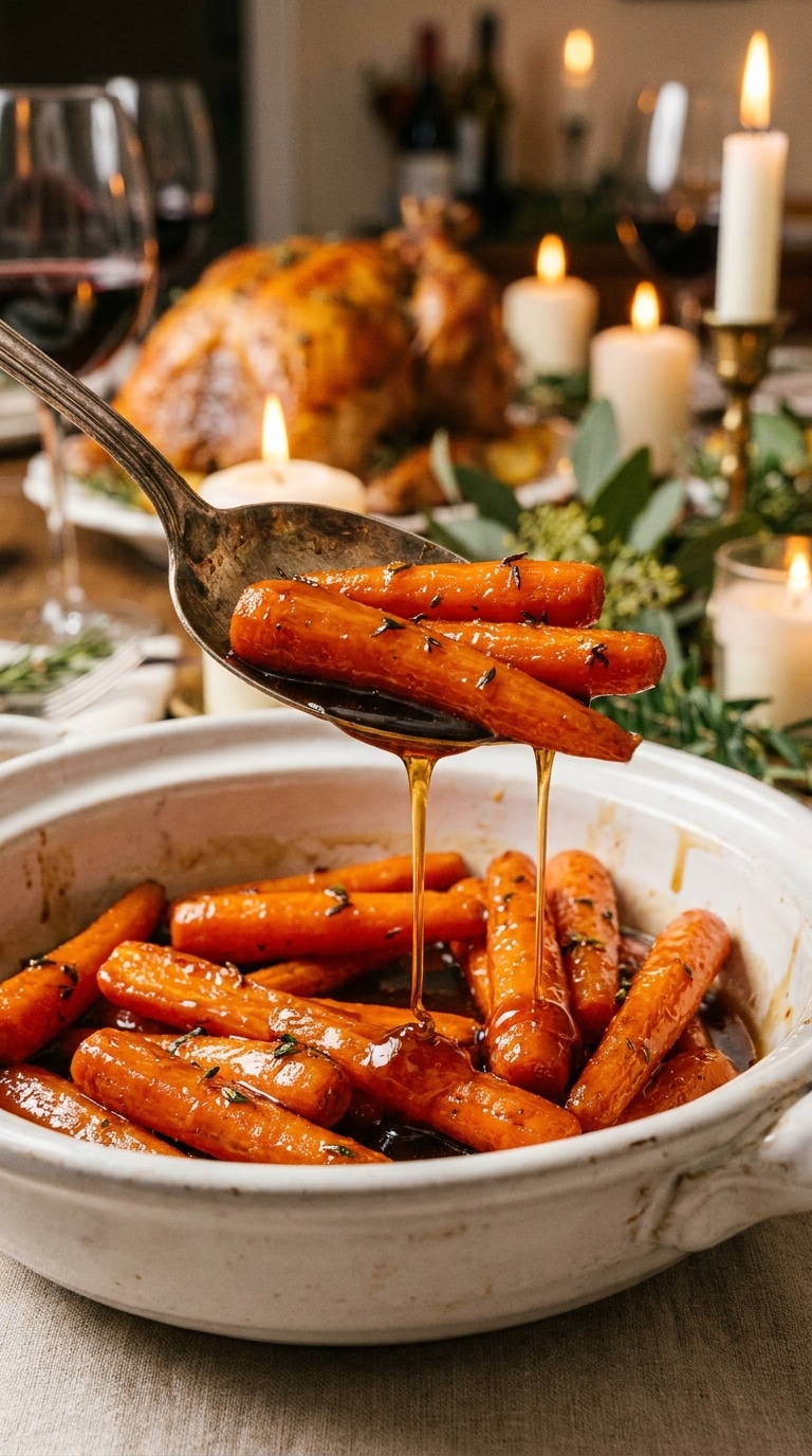 A cast iron skillet filled with thick-sliced, vibrant orange carrots coated in a glossy brown sugar glaze and garnished with fresh thyme.