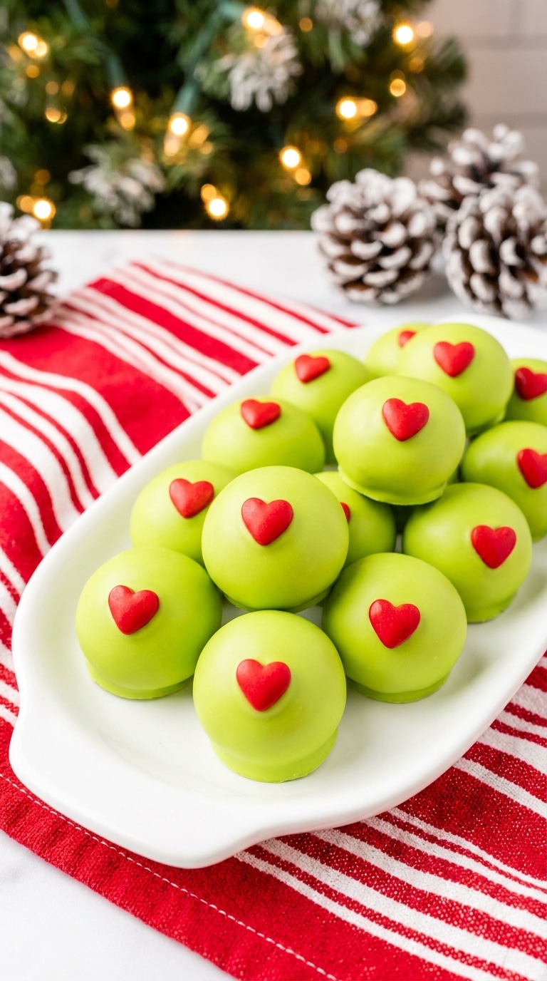 A white holiday platter filled with bright green chocolate-covered truffles, each decorated with a small red candy heart.