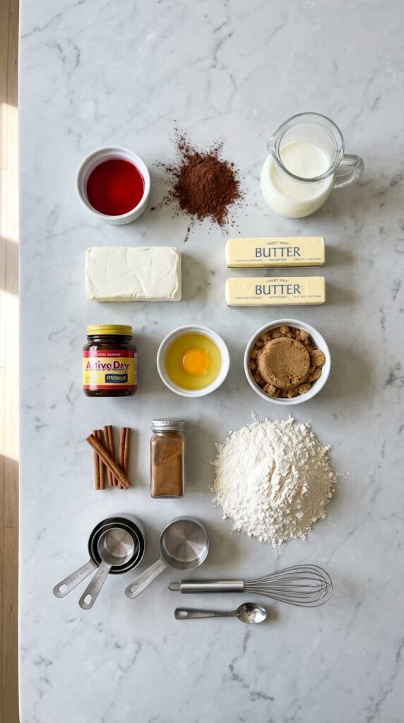 A flat lay showing red food coloring, cocoa powder, buttermilk, flour, yeast, brown sugar, cinnamon, eggs, butter, and cream cheese on a marble board.
