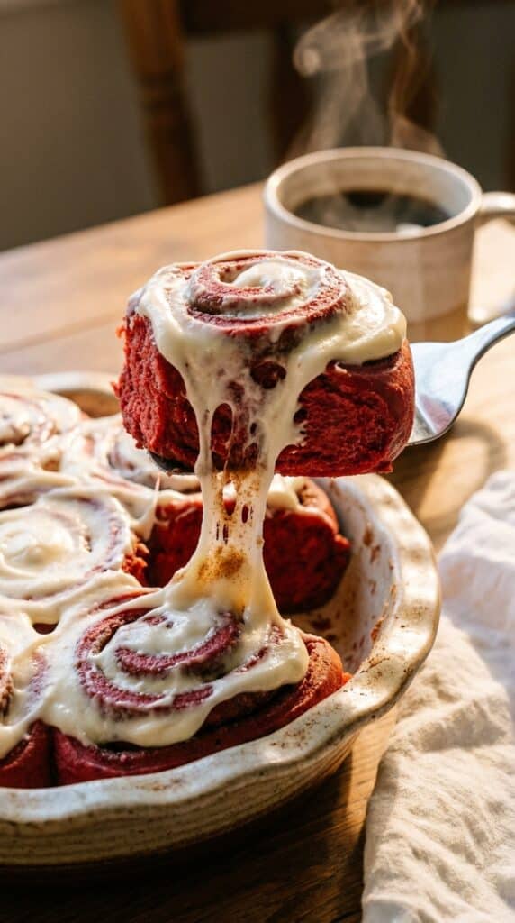 A close-up of a spatula lifting a gooey red velvet cinnamon roll from a pan, showing a stretch of melting white frosting and bright red dough.