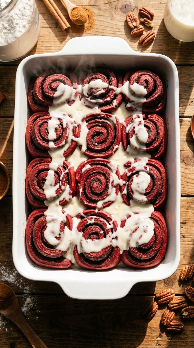 A top-down view of a baking dish filled with vibrant red velvet cinnamon rolls covered in melting white cream cheese frosting.