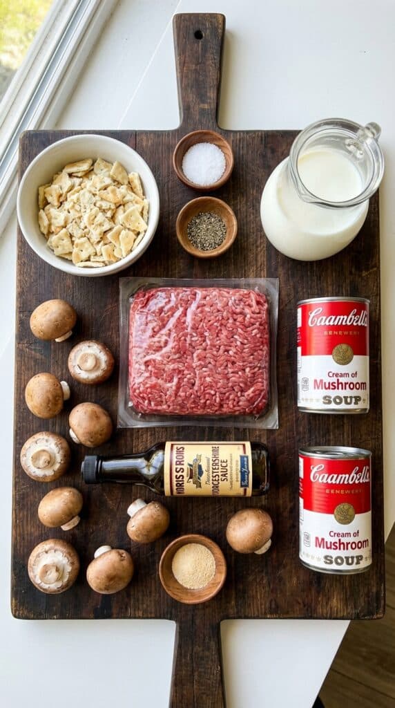 A flat lay showing raw ground beef, crushed saltines, milk, cream of mushroom soup cans, fresh mushrooms, and spices on a wooden board.