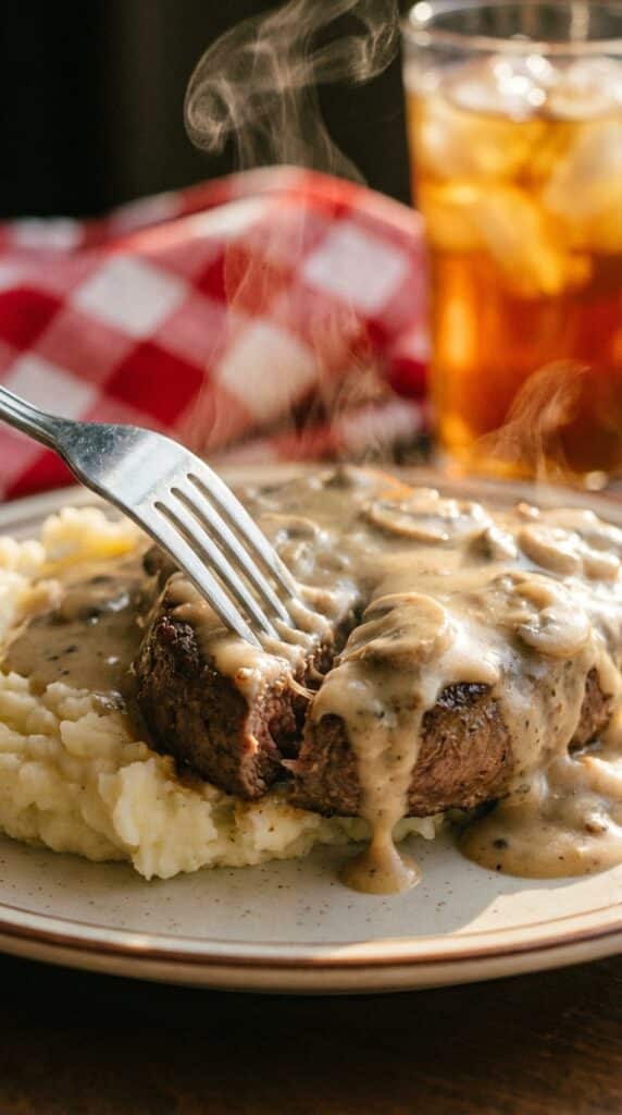 A close-up of a fork cutting through a tender ground beef steak covered in mushroom gravy, served over mashed potatoes.