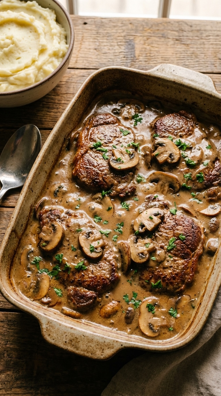 A rustic baking dish filled with thick ground beef steaks smothered in creamy mushroom gravy, sitting on a wooden table.
