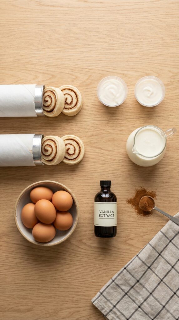 A flat lay showing tubes of raw cinnamon roll dough, cups of icing, eggs, heavy cream, vanilla, and ground cinnamon on a wooden board.