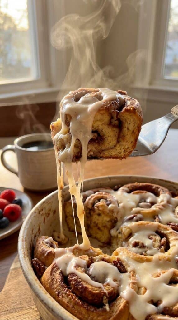 A close-up of a spatula lifting a scoop of gooey, hot cinnamon roll casserole with melting frosting dripping down.