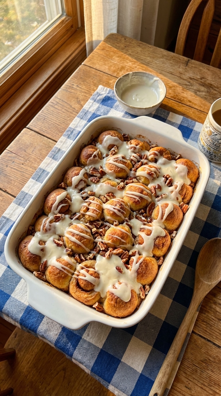 A rectangular baking dish filled with baked pieces of cinnamon rolls, covered in melting white icing and chopped pecans.