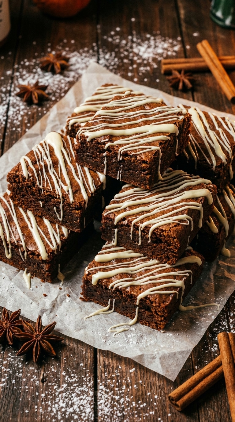 A stack of thick, dark brown gingerbread brownies drizzled with white chocolate on parchment paper, surrounded by winter spices.