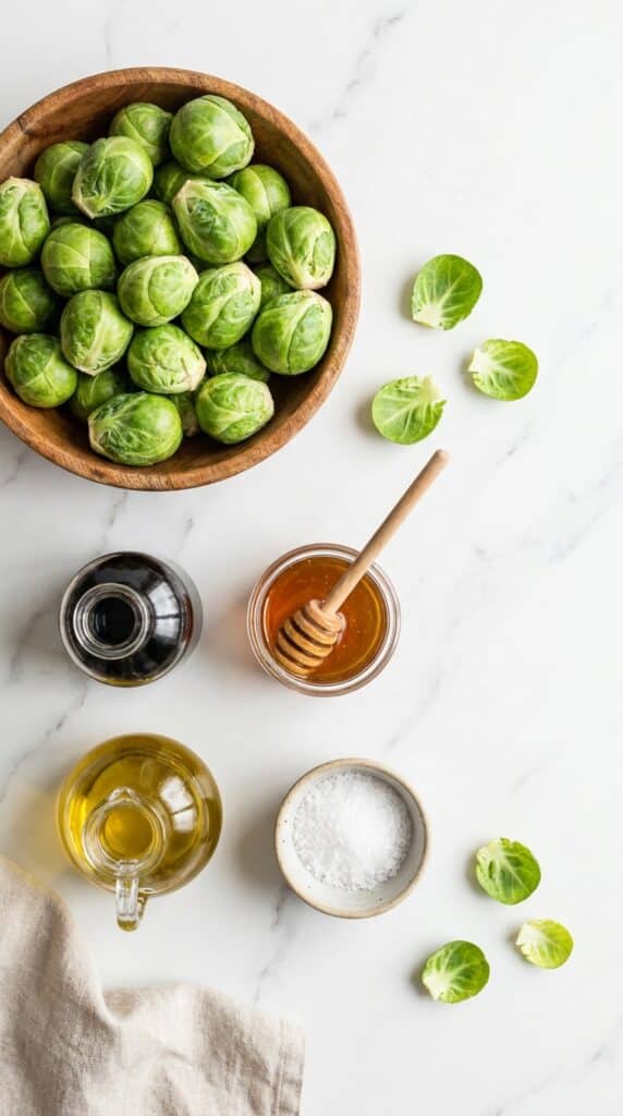 A flat lay showing fresh whole Brussels sprouts, balsamic vinegar, a jar of honey, olive oil, and sea salt on a marble board.