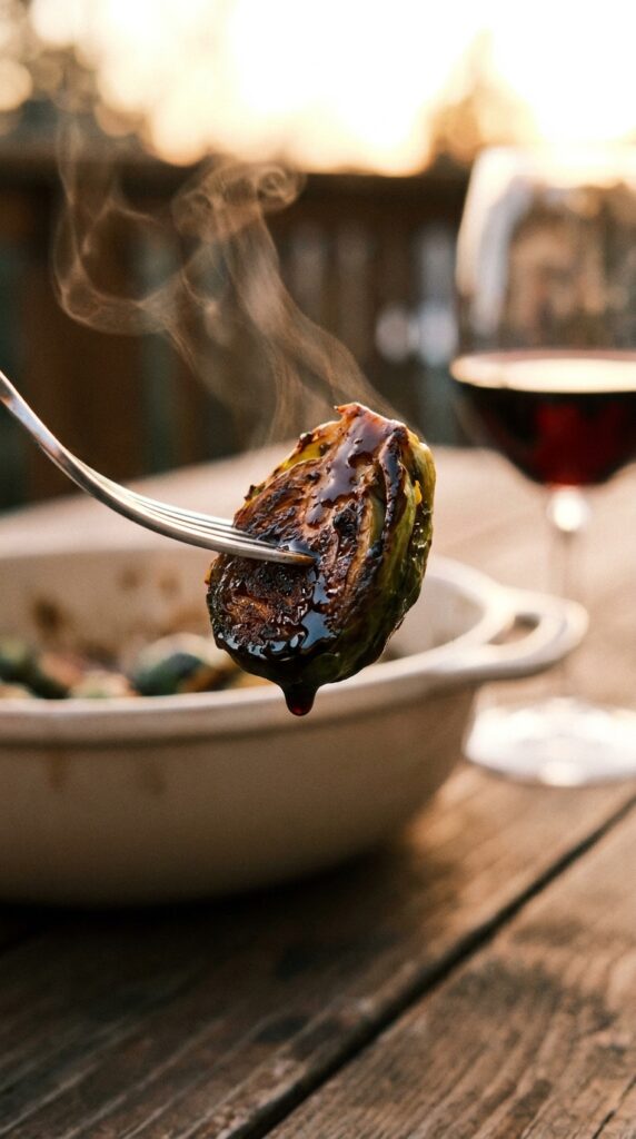 A close-up of a silver fork holding a crispy, roasted Brussels sprout dripping with a shiny balsamic glaze, with steam rising.A close-up of a silver fork holding a crispy, roasted Brussels sprout dripping with a shiny balsamic glaze, with steam rising.