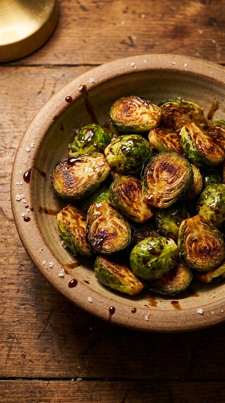 A rustic bowl filled with halved, roasted Brussels sprouts coated in a shiny, dark honey balsamic glaze with crispy edges.