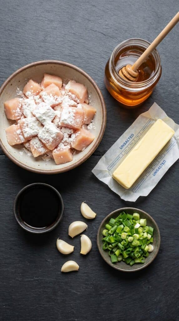 A flat lay showing cubed chicken dusted in cornstarch, honey, butter, soy sauce, garlic, and green onions on a dark slate board.