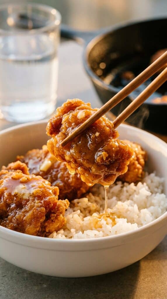 A close-up of wooden chopsticks holding a piece of glossy, sticky honey butter chicken over a bowl of white rice.