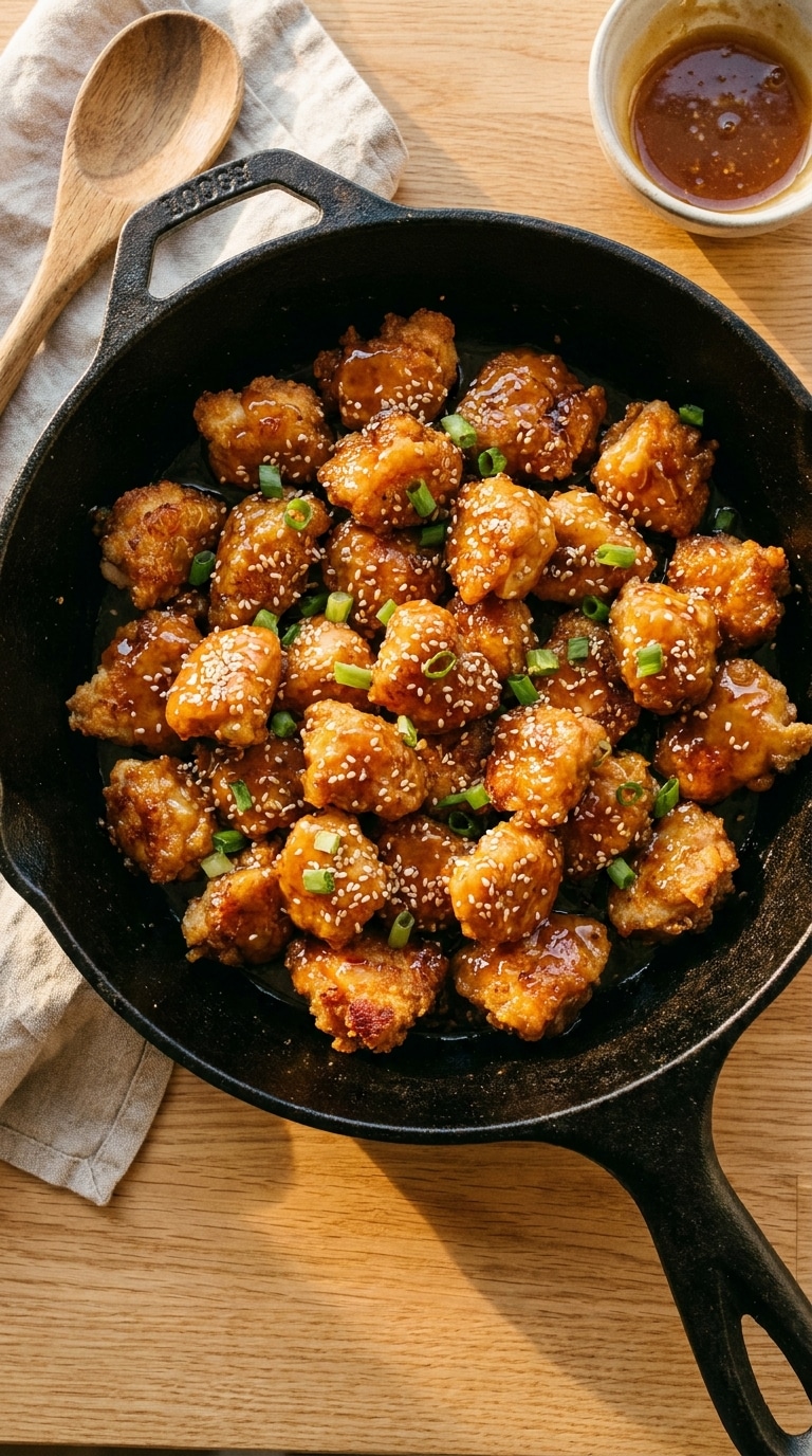 A top-down view of a cast iron skillet filled with crispy, bite-sized chicken coated in a shiny amber honey butter sauce, topped with sesame seeds.