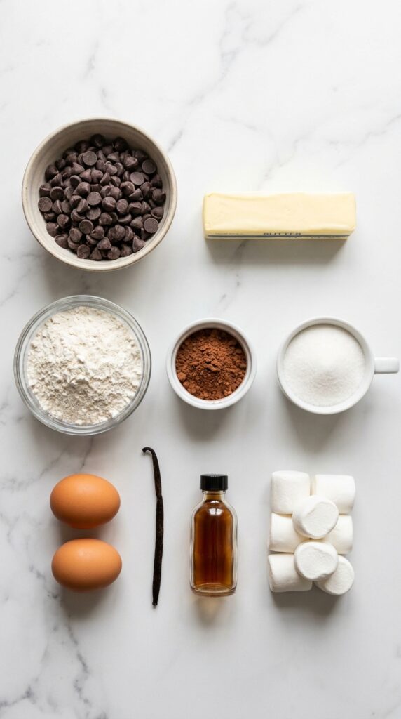 An organized overhead shot of ingredients: chocolate chips, butter, flour, cocoa powder, sugar, eggs, vanilla, and marshmallows on a marble counter.