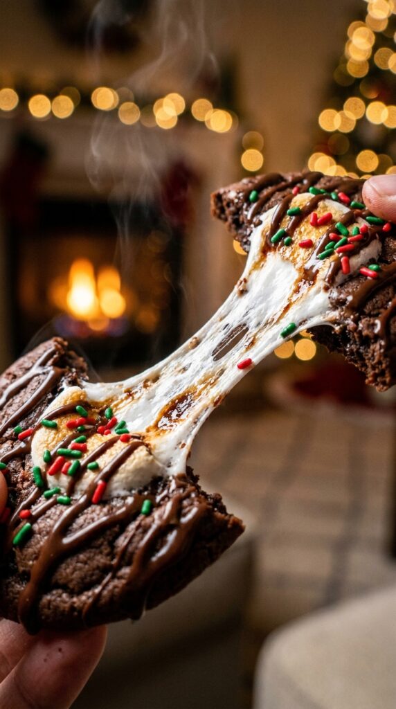A close-up of a warm Hot Chocolate Cookie being pulled apart, revealing a long, perfect stretch of gooey melted marshmallow.