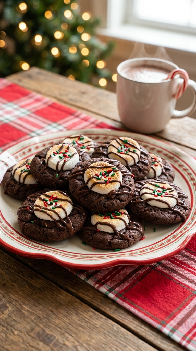 A festive platter filled with chewy dark chocolate cookies, each topped with a melted marshmallow, chocolate drizzle, and holiday sprinkles.