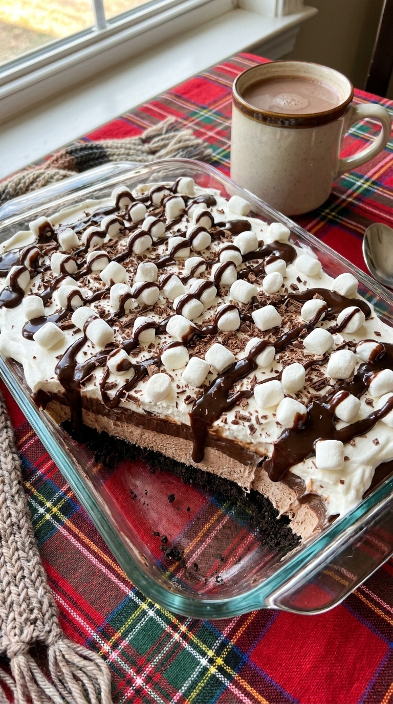 A 9x13 glass dish showing four distinct layers of a chocolate dessert, topped with mini marshmallows and hot fudge drizzle.