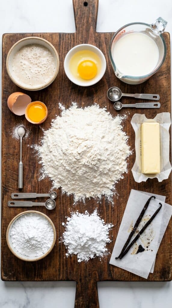 A flat lay showing flour, yeast, an egg, milk, butter, powdered sugar, and a vanilla bean pod on a wooden board.