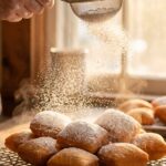 A close-up action shot of powdered sugar falling like snow from a sieve onto freshly fried, puffy square beignets.