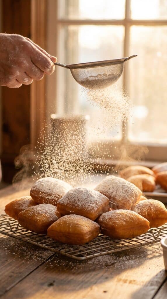 A close-up action shot of powdered sugar falling like snow from a sieve onto freshly fried, puffy square beignets.