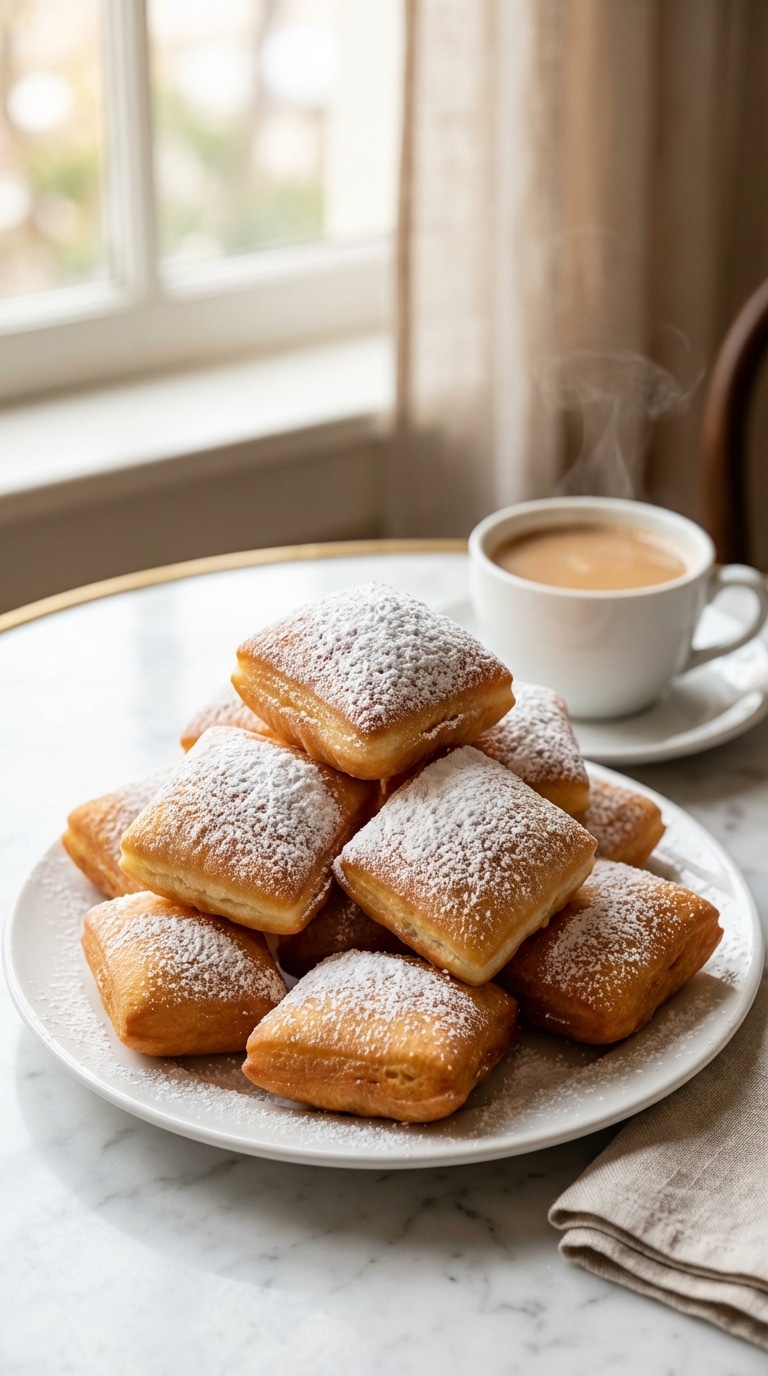 A plate piled high with square golden beignets completely covered in a thick layer of powdered sugar, with a coffee cup in the background.
