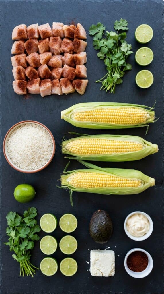 A flat lay showing raw diced chicken, fresh corn on the cob, rice, limes, cilantro, avocado, cotija cheese, and spices on a dark slate board.