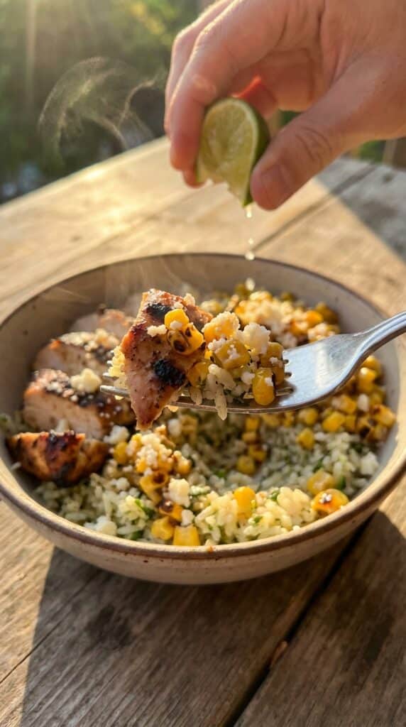 A close-up of a fork holding a bite of creamy street corn, chicken, and rice, with a hand squeezing a lime in the blurred background.