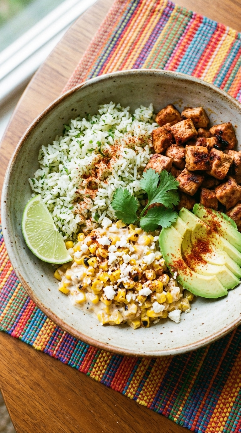A colorful rice bowl topped with charred street corn in a creamy sauce, seasoned chicken, avocado, and lime.