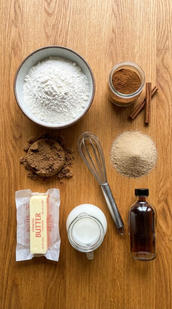 A flat lay showing flour, ground cinnamon, cinnamon sticks, brown sugar, white sugar, butter, milk, and vanilla extract on an oak table.