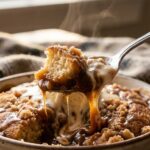 A close-up of a spoon lifting a bite of snickerdoodle cobbler, showing fluffy cake, dark caramel sauce, and melted vanilla ice cream with steam rising.