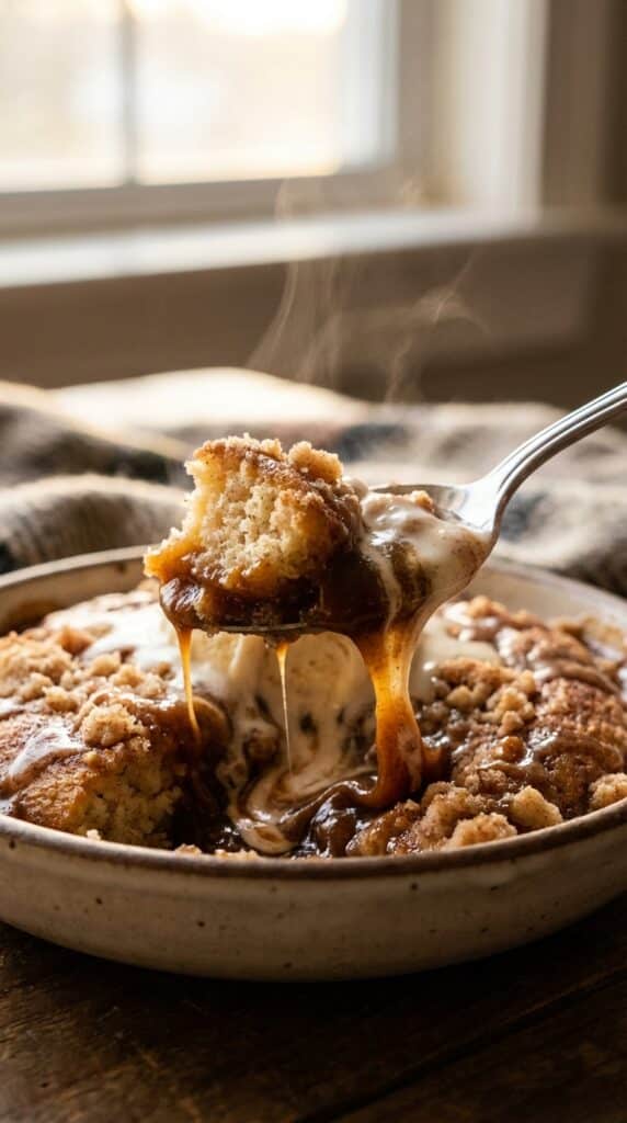 A close-up of a spoon lifting a bite of snickerdoodle cobbler, showing fluffy cake, dark caramel sauce, and melted vanilla ice cream with steam rising.