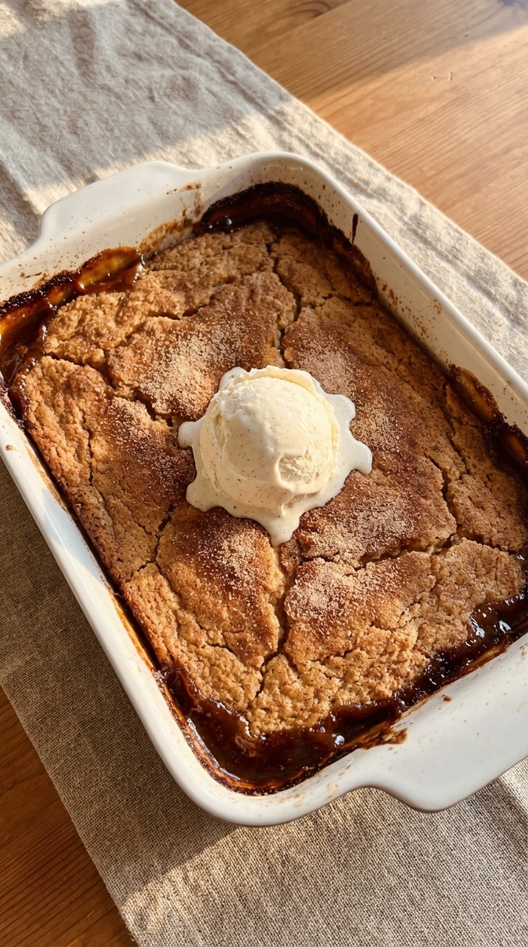 A rustic baking dish filled with golden baked snickerdoodle cobbler, featuring a cracked cinnamon crust, bubbling caramel edges, and melting vanilla ice cream.
