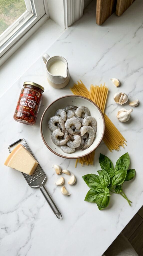 A flat lay showing raw shrimp, dry linguine, sun-dried tomatoes, heavy cream, parmesan cheese, garlic, and fresh basil on a marble board.