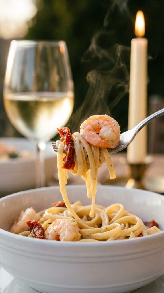 A close-up of a fork twirling creamy linguine with a seared shrimp and sun-dried tomato, with a glass of white wine in the background.