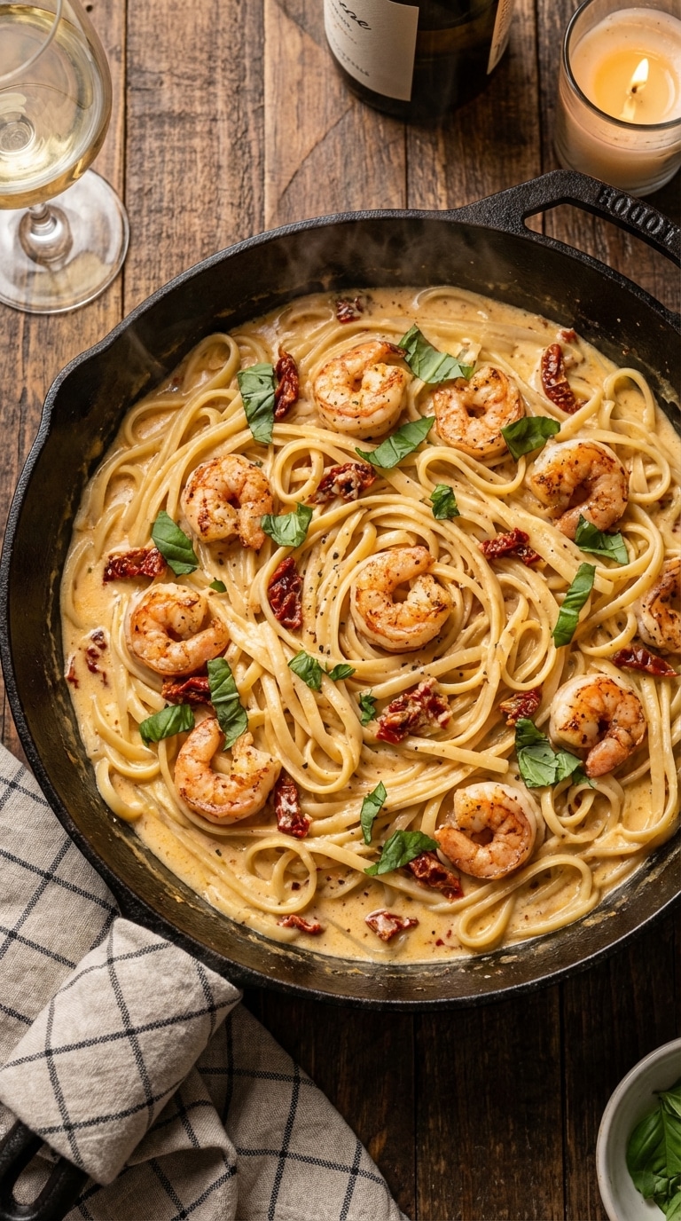 A top-down view of a cast iron skillet filled with linguine pasta, plump pink shrimp, and sun-dried tomatoes in a creamy parmesan sauce.