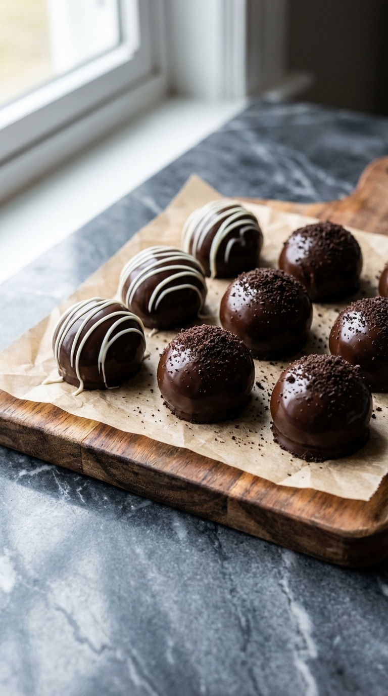 A close-up of glossy chocolate-covered Oreo balls on parchment paper, some drizzled with white chocolate and others dusted with cookie crumbs.