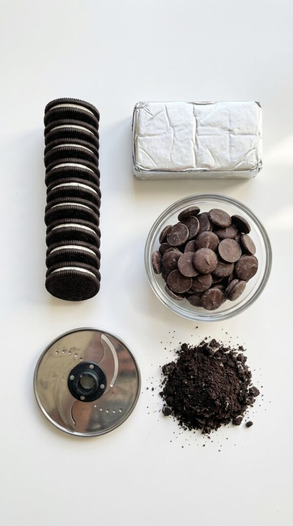 A flat lay showing whole Oreo cookies, cream cheese, a bowl of chocolate melting wafers, and crushed cookie crumbs on a white surface.